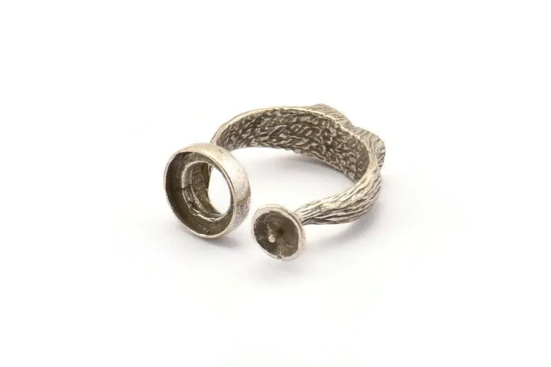 Adjustable Ring Settings, 2 Antique Silver Plated Adjustable Rings with 2 Stone Settings - Pad Size 10mm N0232 H0295