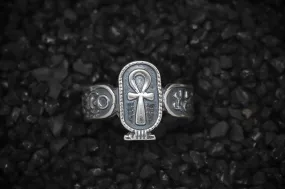 Ankh Key of Eternal Life Band Ring Hieroglyphics Ancient Egyptian | 925 Sterling Silver, Oxidized or 18K Gold Plated | Adjustable Size