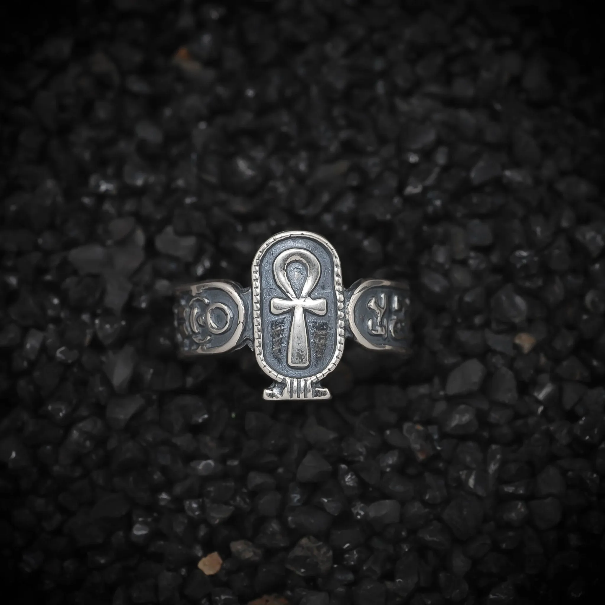 Ankh Key of Eternal Life Band Ring Hieroglyphics Ancient Egyptian | 925 Sterling Silver, Oxidized or 18K Gold Plated | Adjustable Size