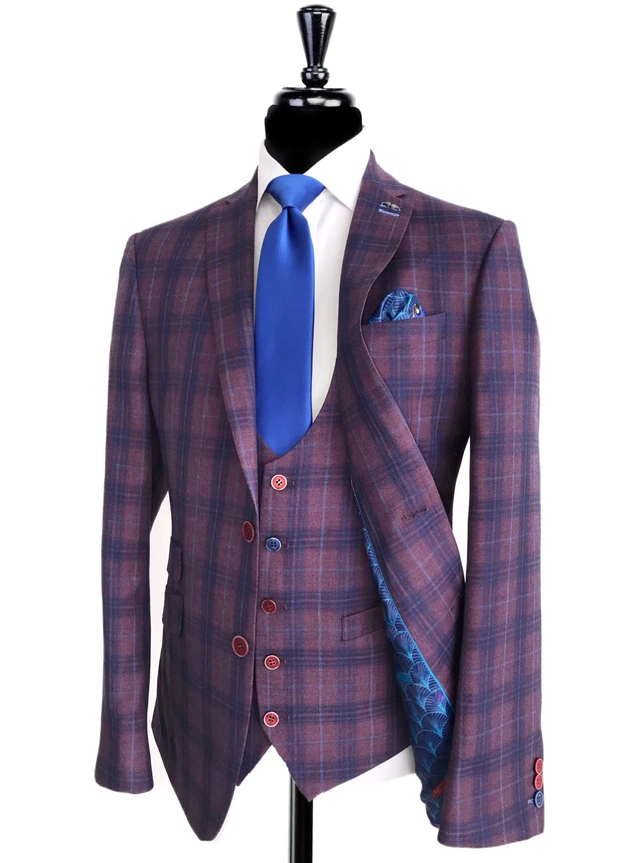 ANTIQUE ROGUE Purple/Blue Check 3 Piece Suit