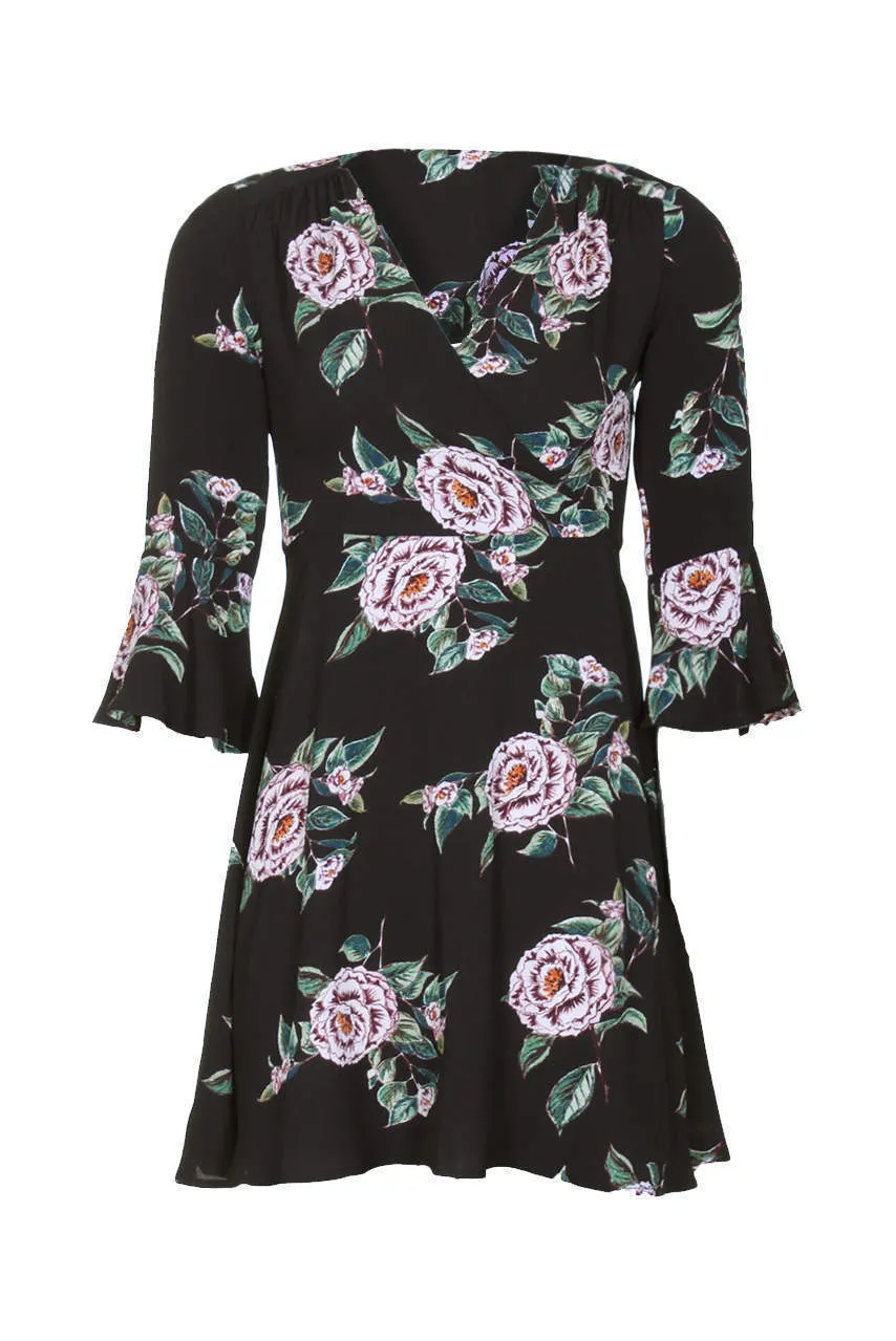 Black Floral V Neck Bell Sleeve Dress