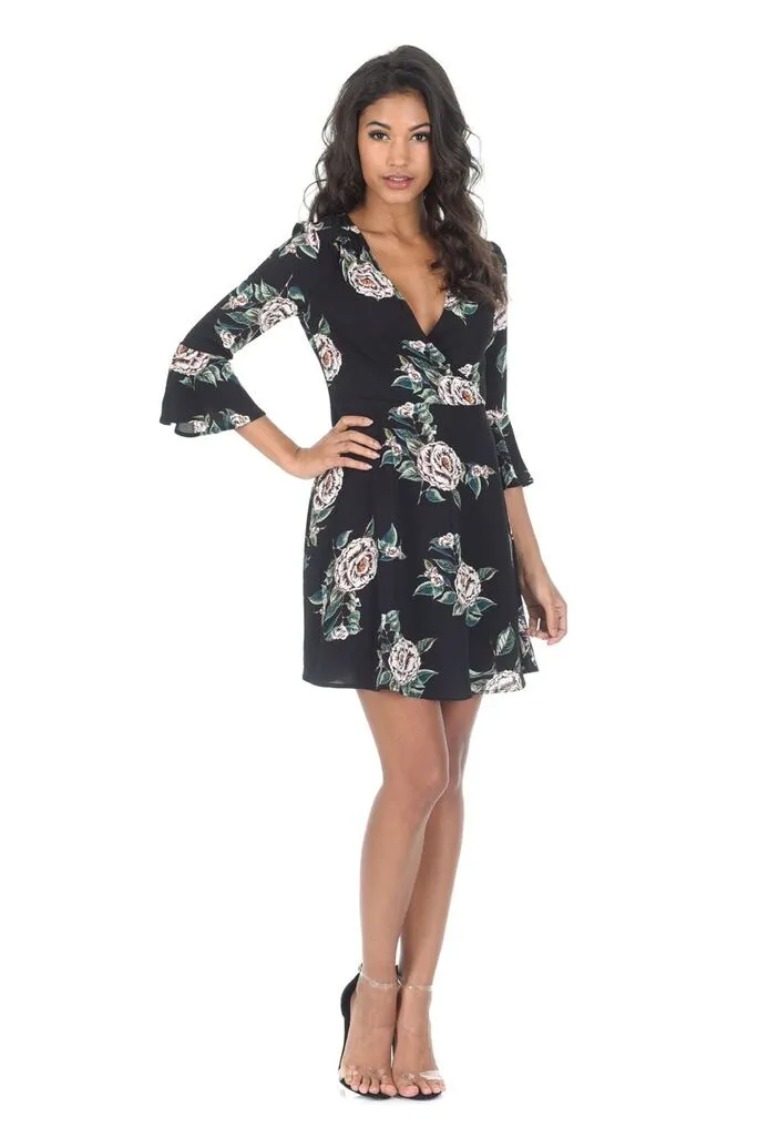 Black Floral V Neck Bell Sleeve Dress