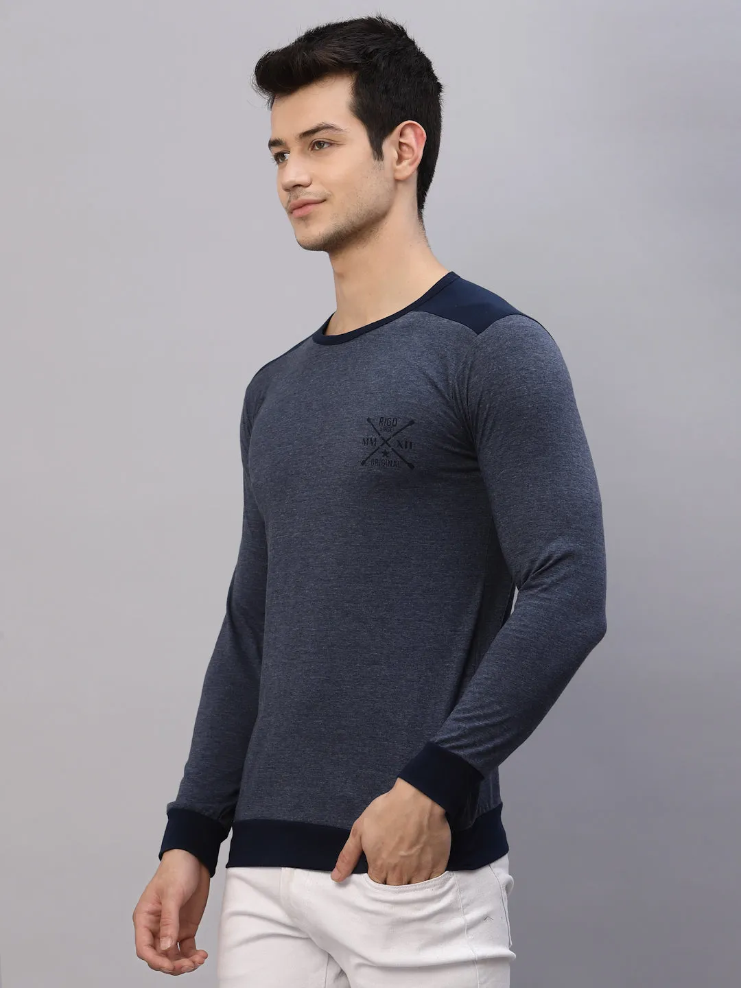 Blue Melange Round Neck Full Sleeve T-Shirt