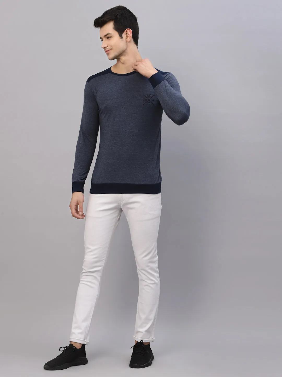 Blue Melange Round Neck Full Sleeve T-Shirt