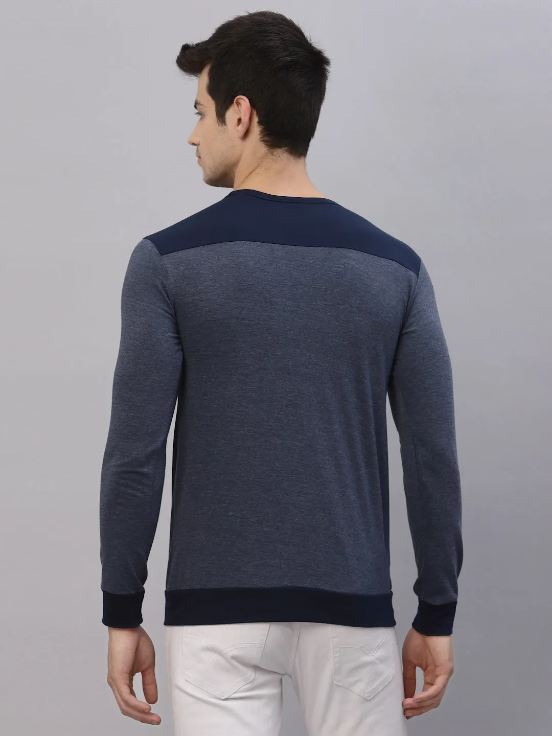 Blue Melange Round Neck Full Sleeve T-Shirt