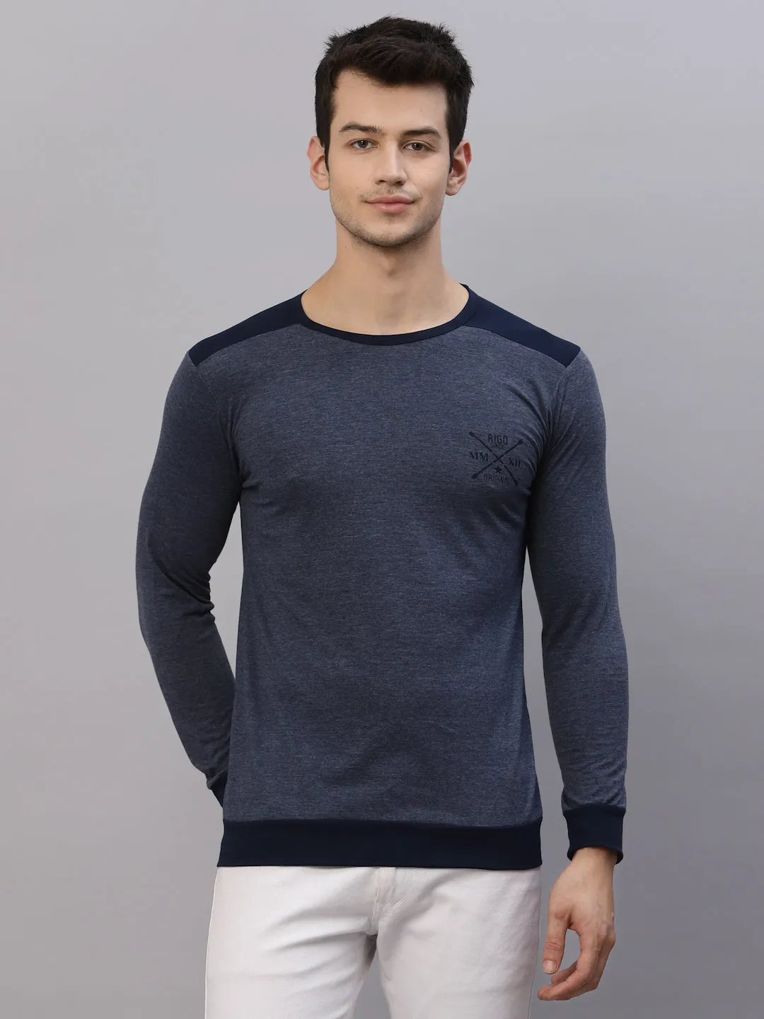 Blue Melange Round Neck Full Sleeve T-Shirt