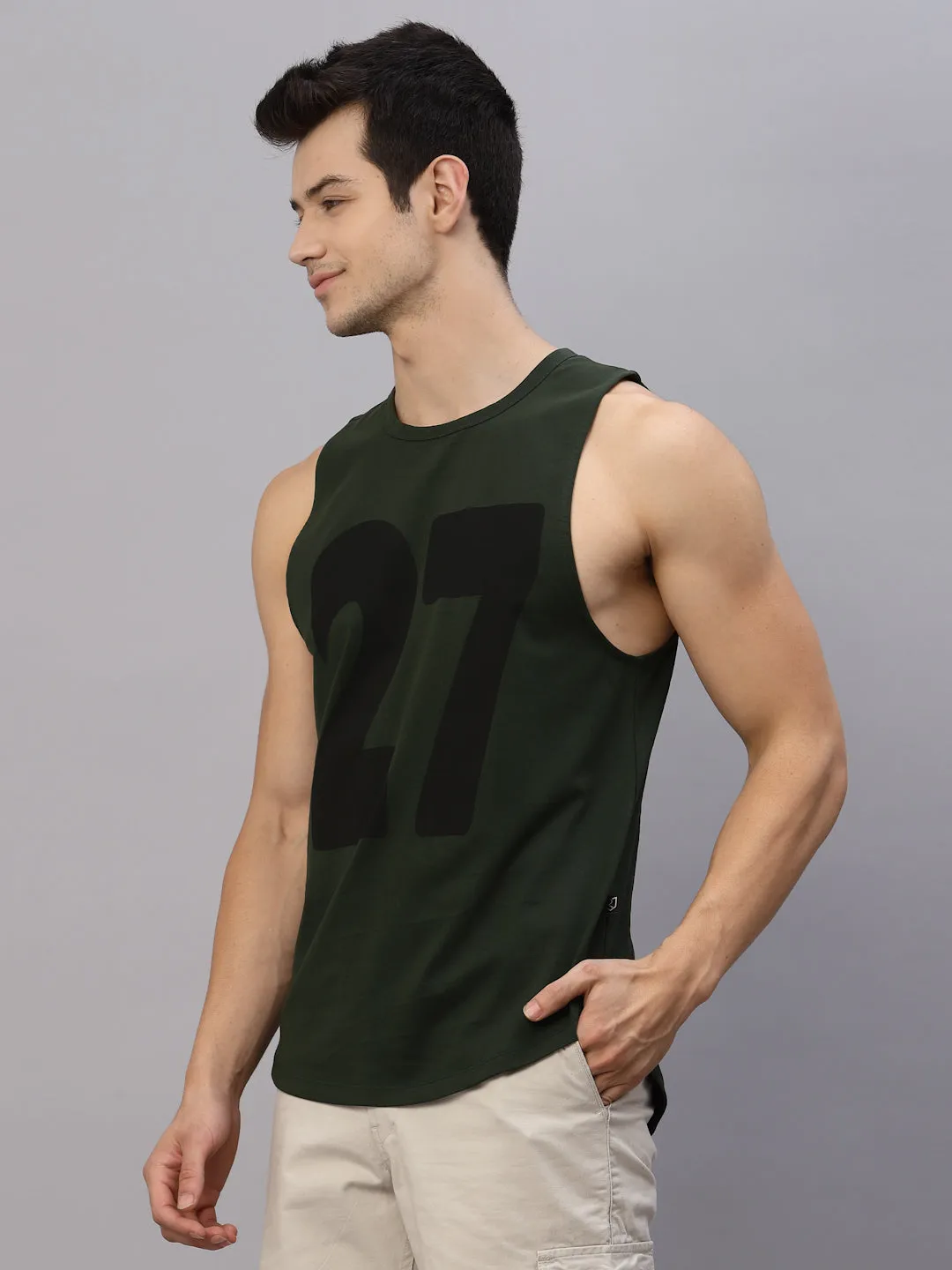 Bottle Green Numerical Print Round Neck Sleeveless T-Shirt Vest