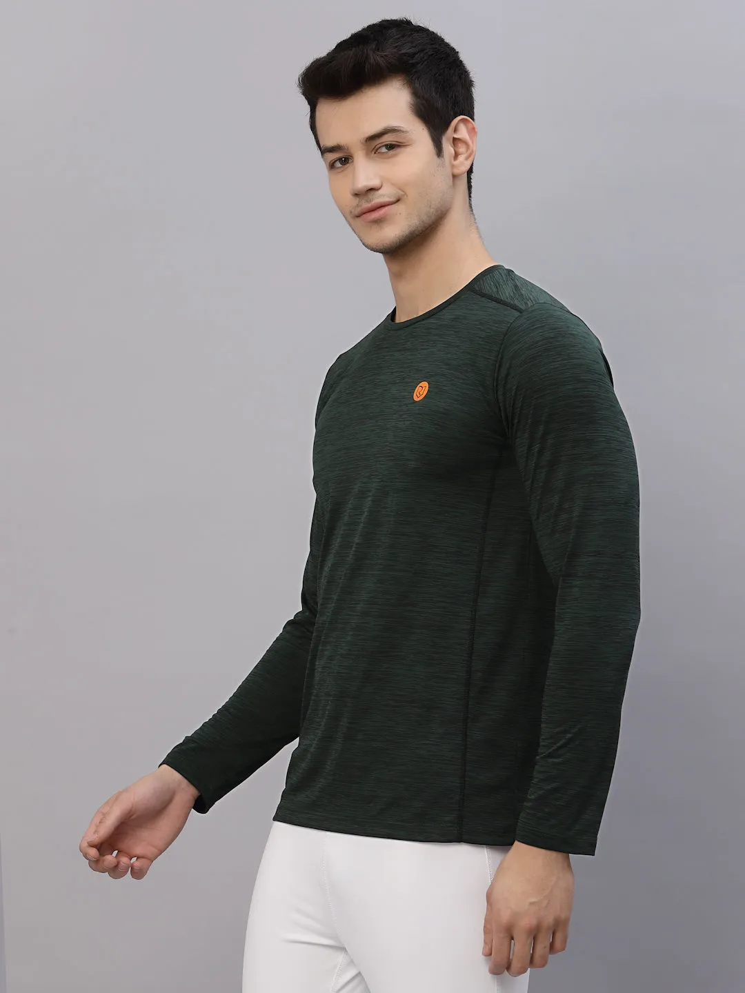 Bottle Green Self Texture Round Neck Full Sleeve Activewear T-Shirt