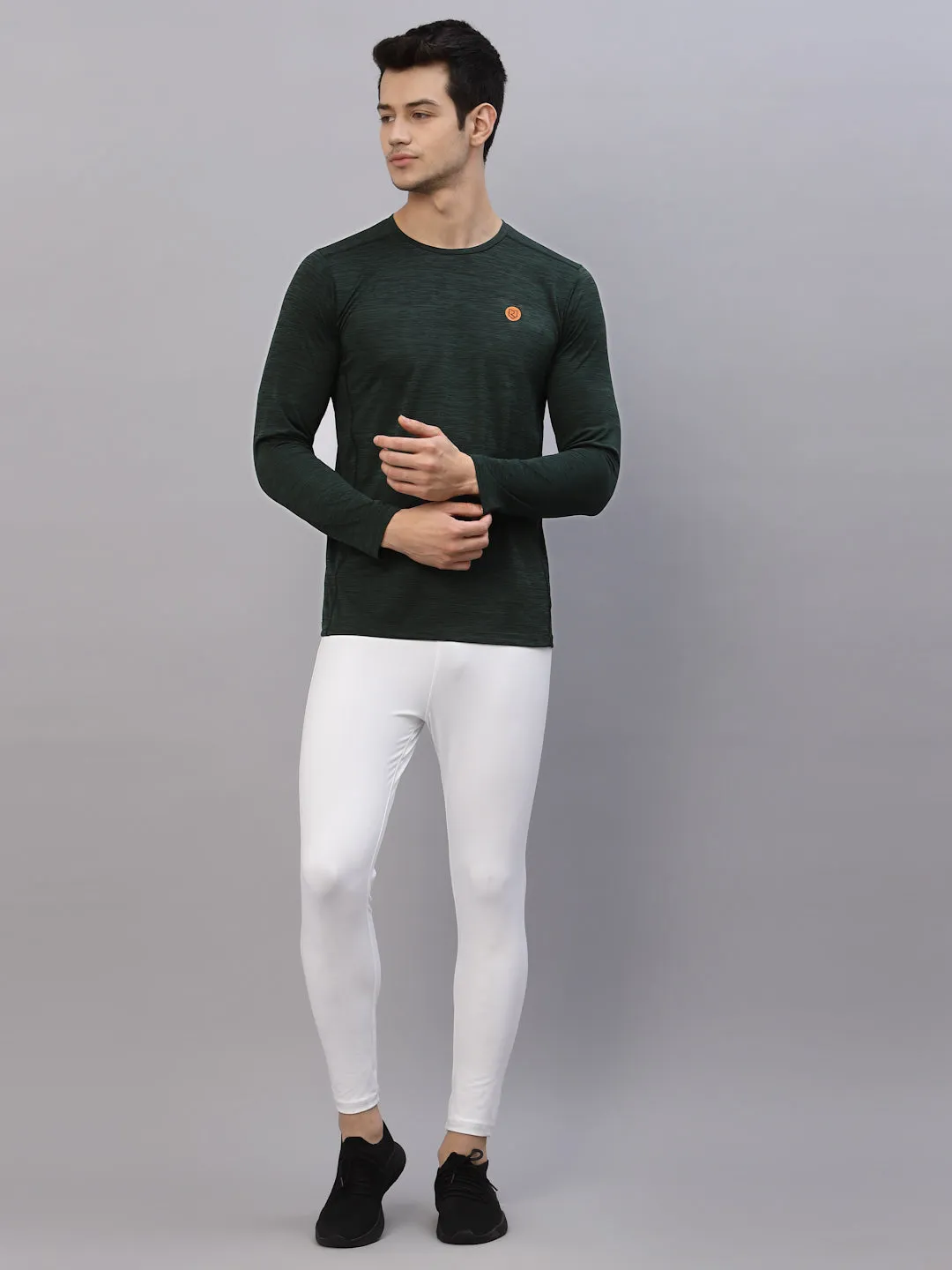 Bottle Green Self Texture Round Neck Full Sleeve Activewear T-Shirt