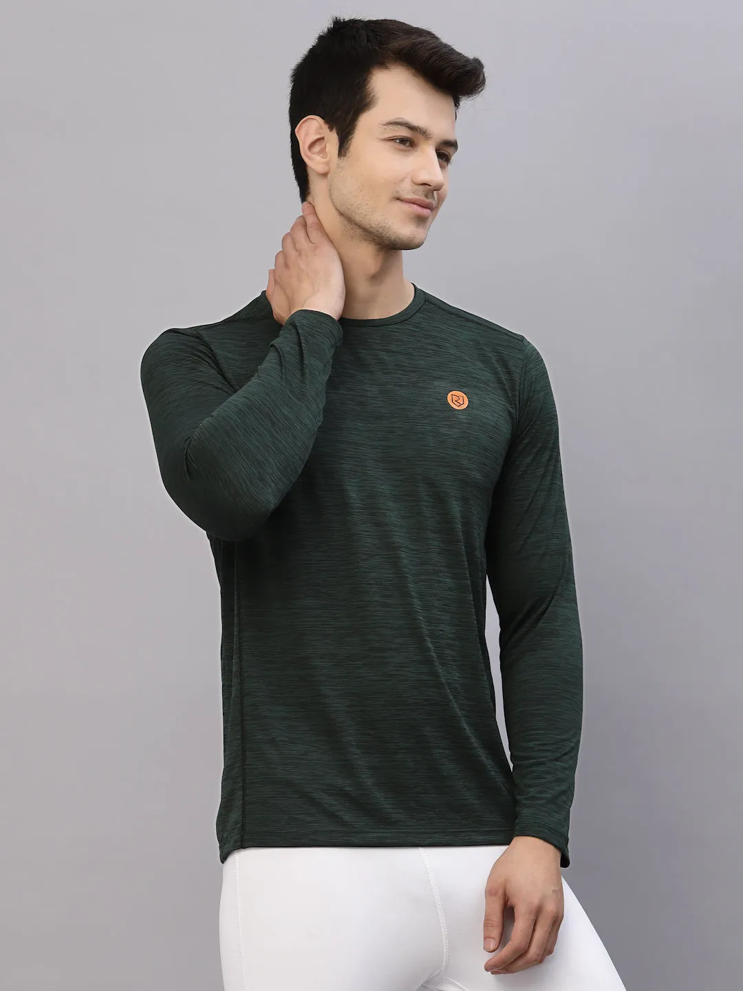 Bottle Green Self Texture Round Neck Full Sleeve Activewear T-Shirt