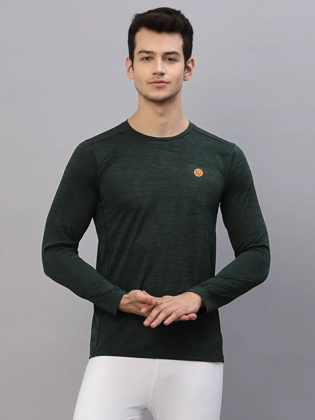 Bottle Green Self Texture Round Neck Full Sleeve Activewear T-Shirt