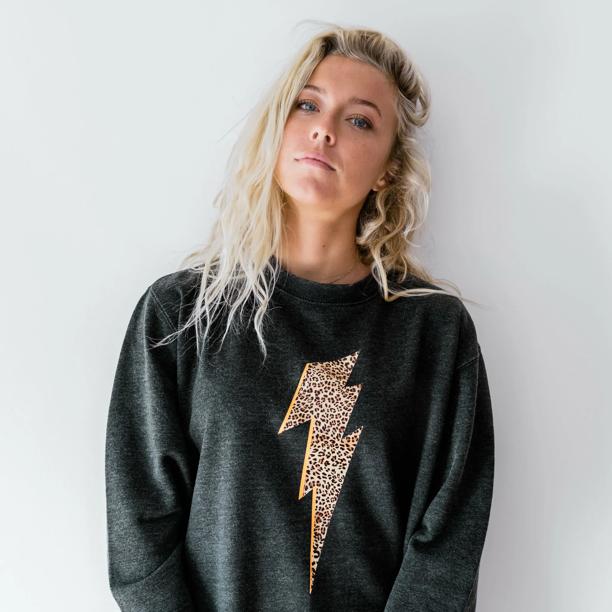 Charcoal Sweatshirt with Leopard Lightning Bolt