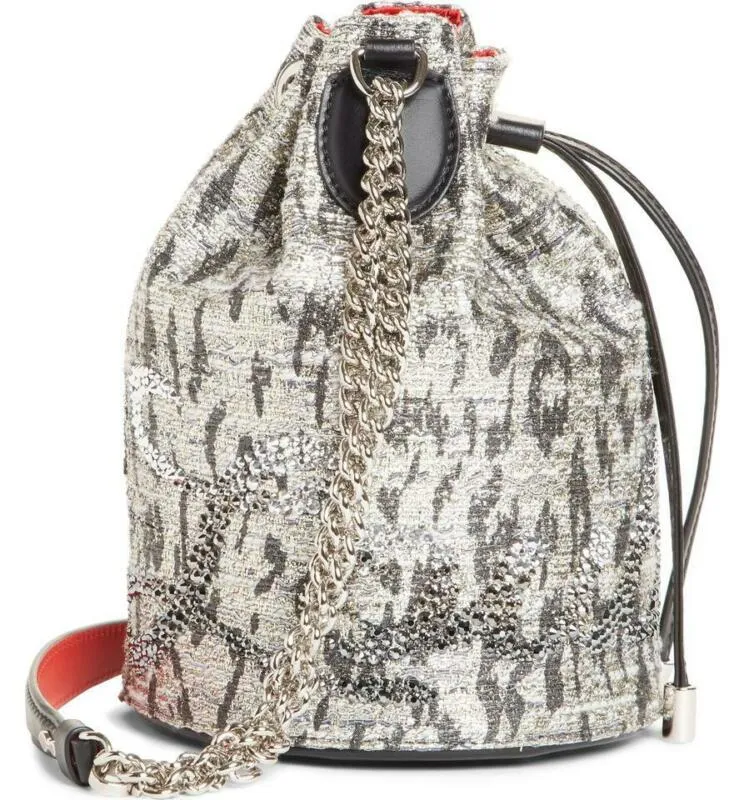 Christian Louboutin Bucket Marie Jane Bouclé Silver Leather Shoulder Bag