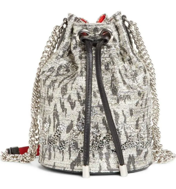 Christian Louboutin Bucket Marie Jane Bouclé Silver Leather Shoulder Bag