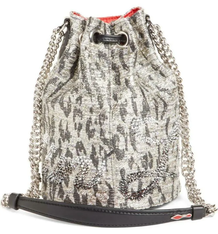 Christian Louboutin Bucket Marie Jane Bouclé Silver Leather Shoulder Bag