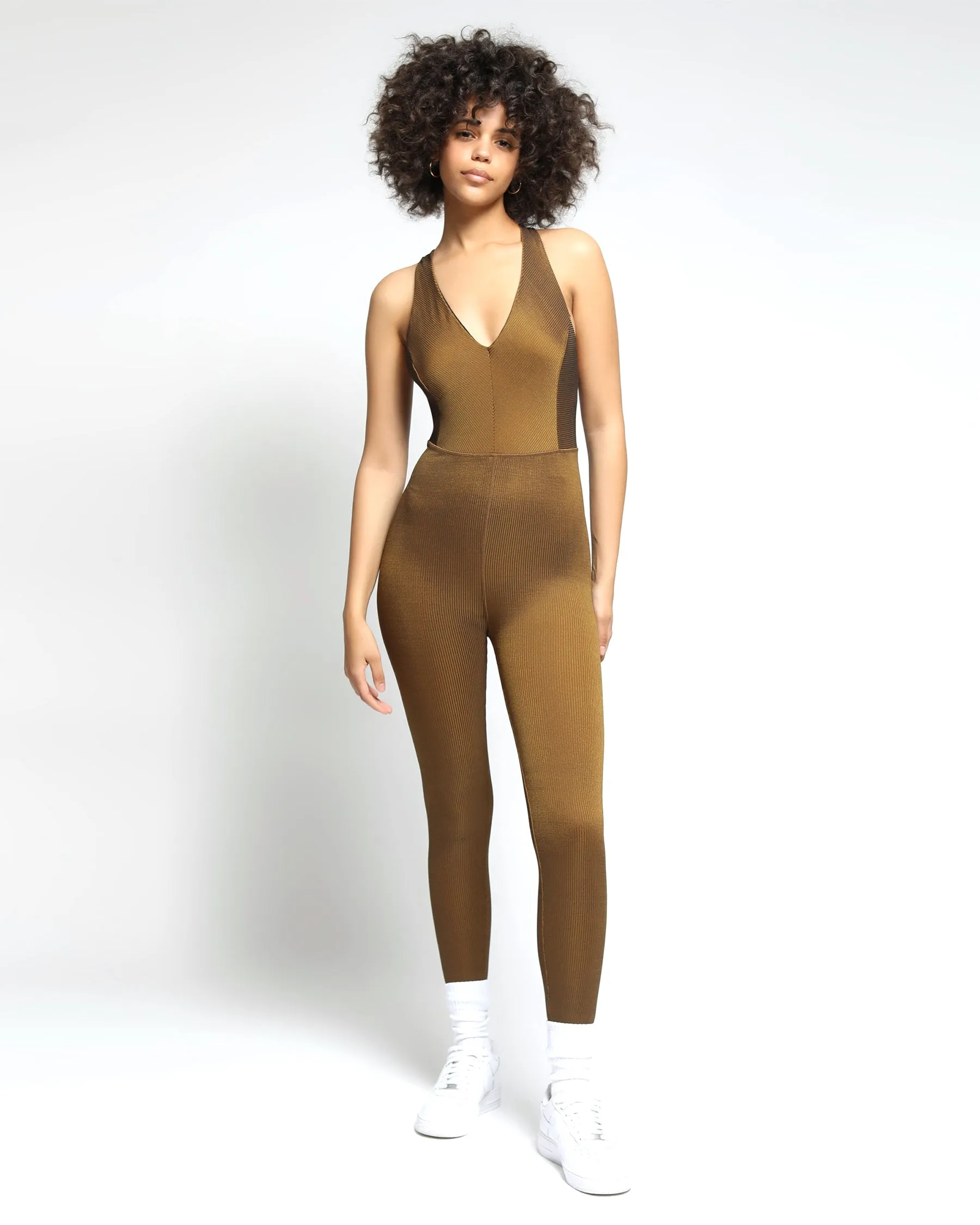 Colorsphere Rib Cross-Back V Neck Jumpsuit