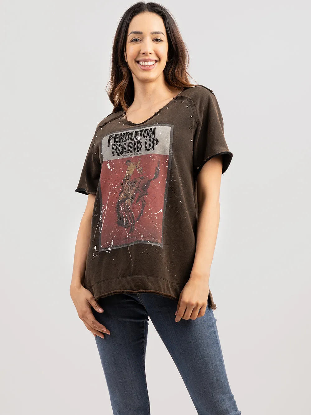 Delila Women Ink Splashed Rodeo Print Tee With Studs