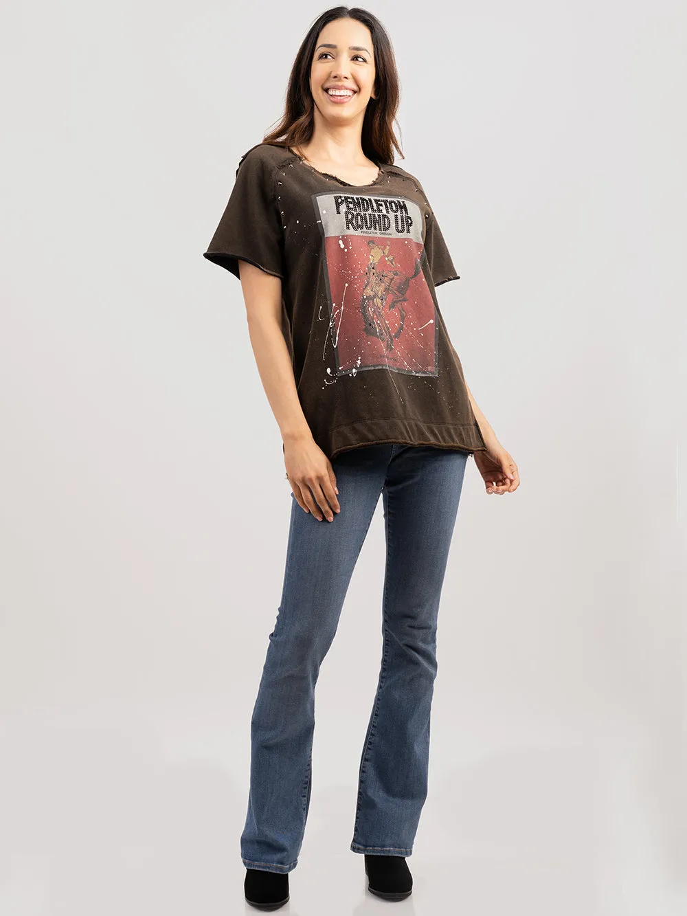 Delila Women Ink Splashed Rodeo Print Tee With Studs