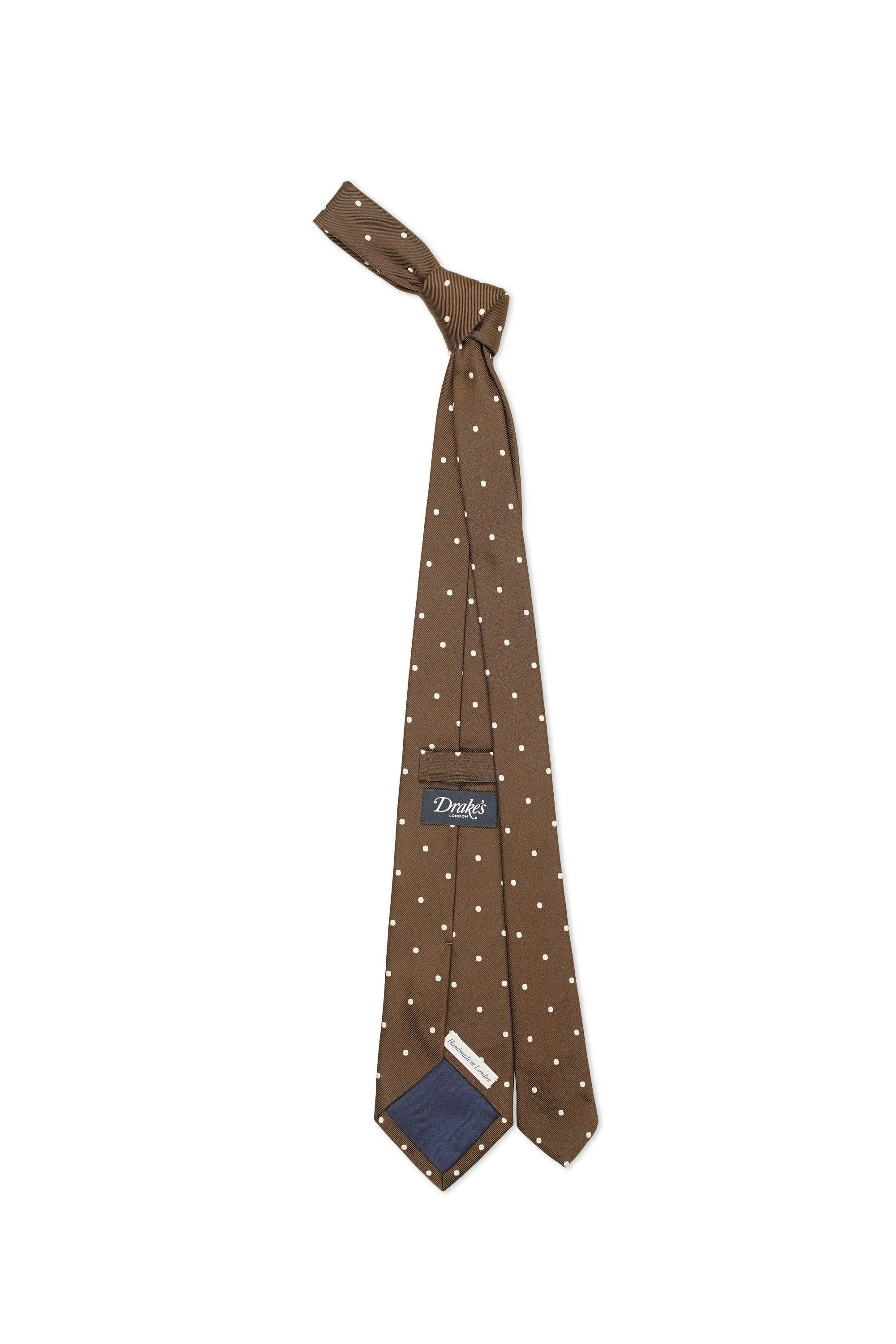 Drake's Brown with White Polka Dot Silk Tie