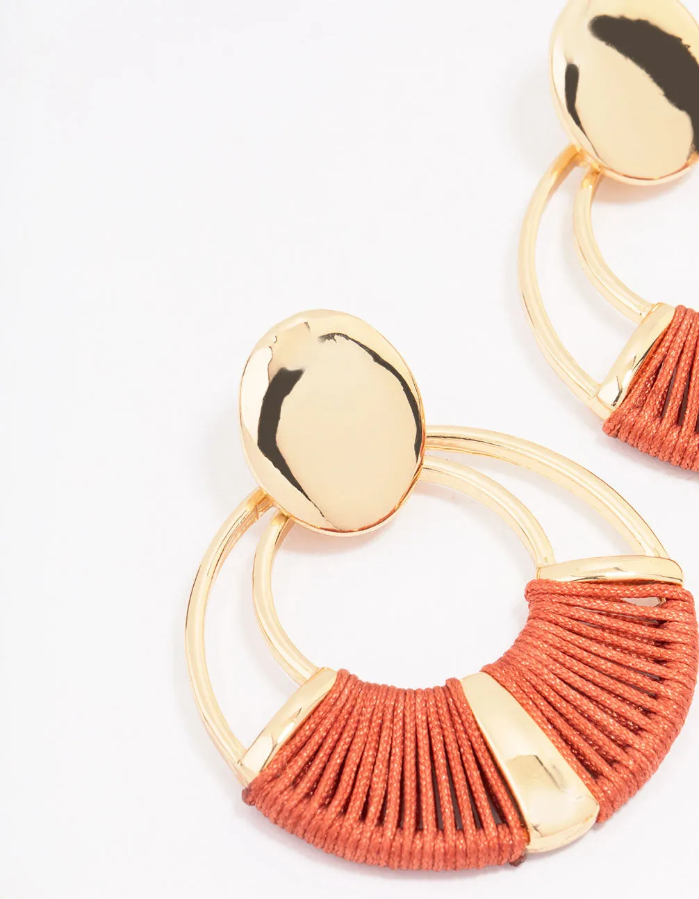 Gold Fabric Threaded Wrapped Circular Drop Earrings