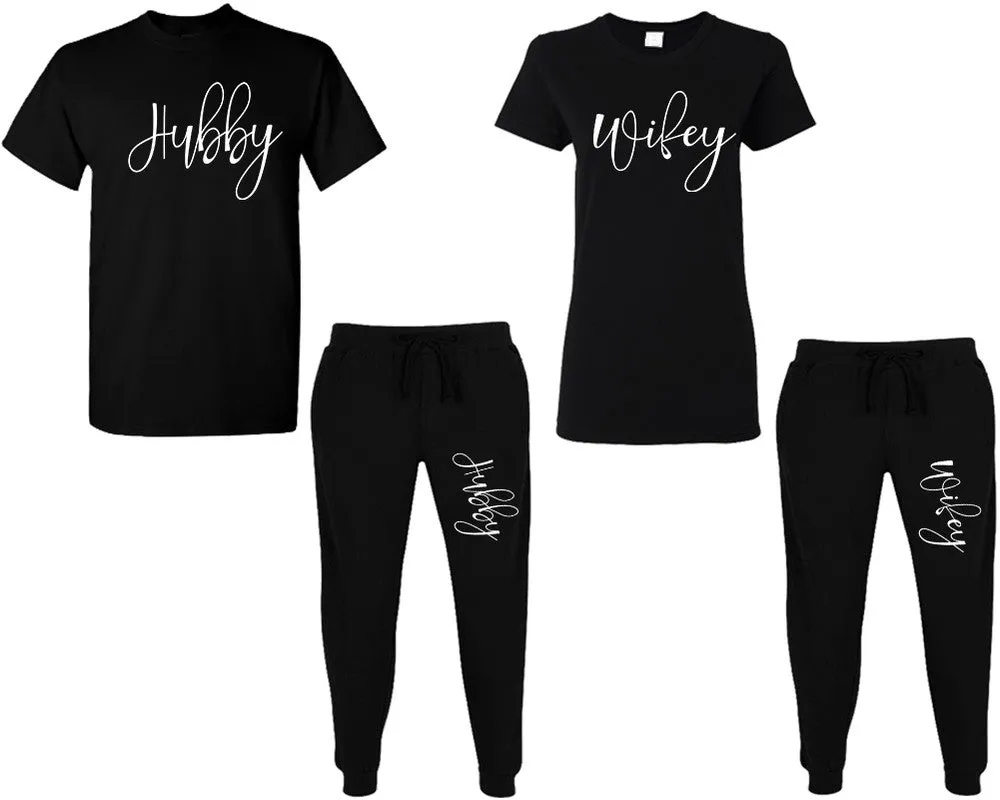 Hubby Wifey Couple Matching T Shirt and Jogger Pants Top & Bottom Sets