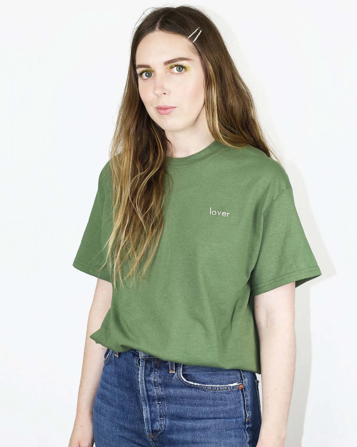 Lover Tee – White on Green Embroidery