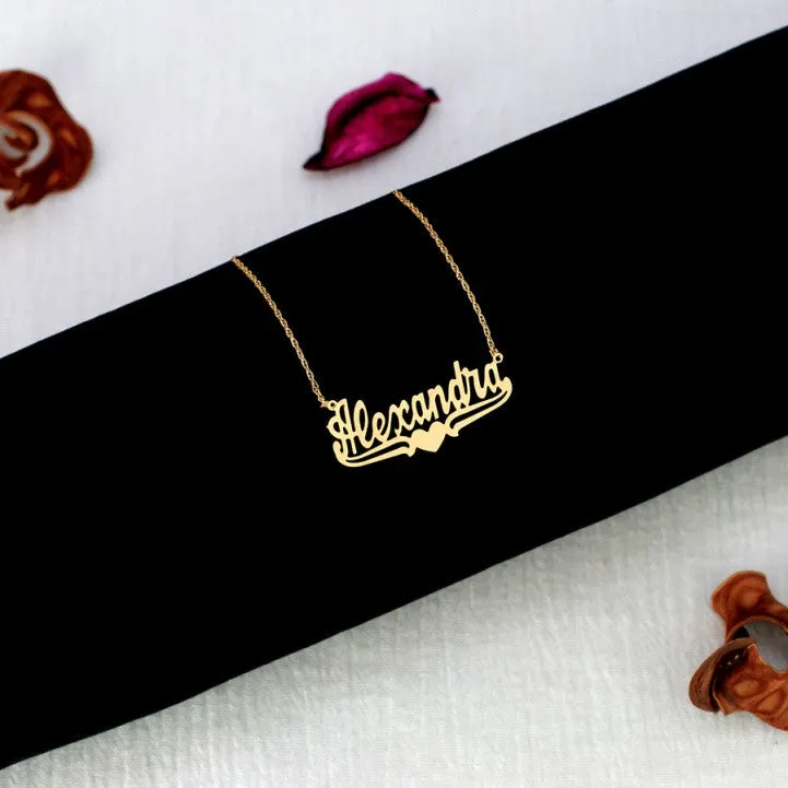 Personalized Small Nameplate Necklace - Lower Tails and Heart