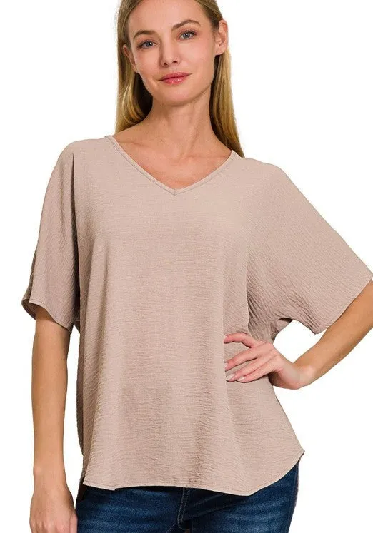 Textured V-Neck Dolman Top