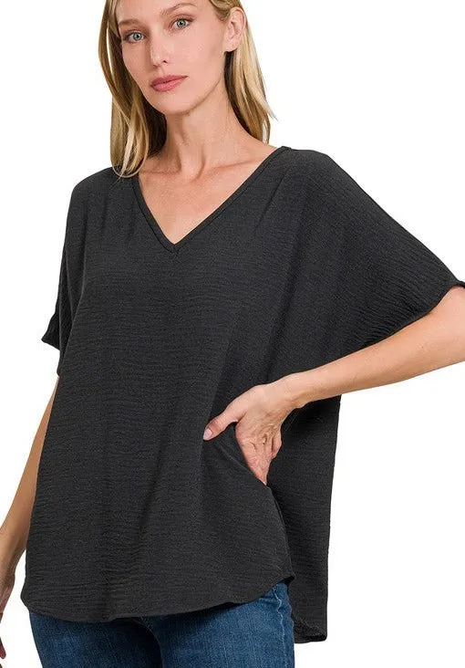 Textured V-Neck Dolman Top