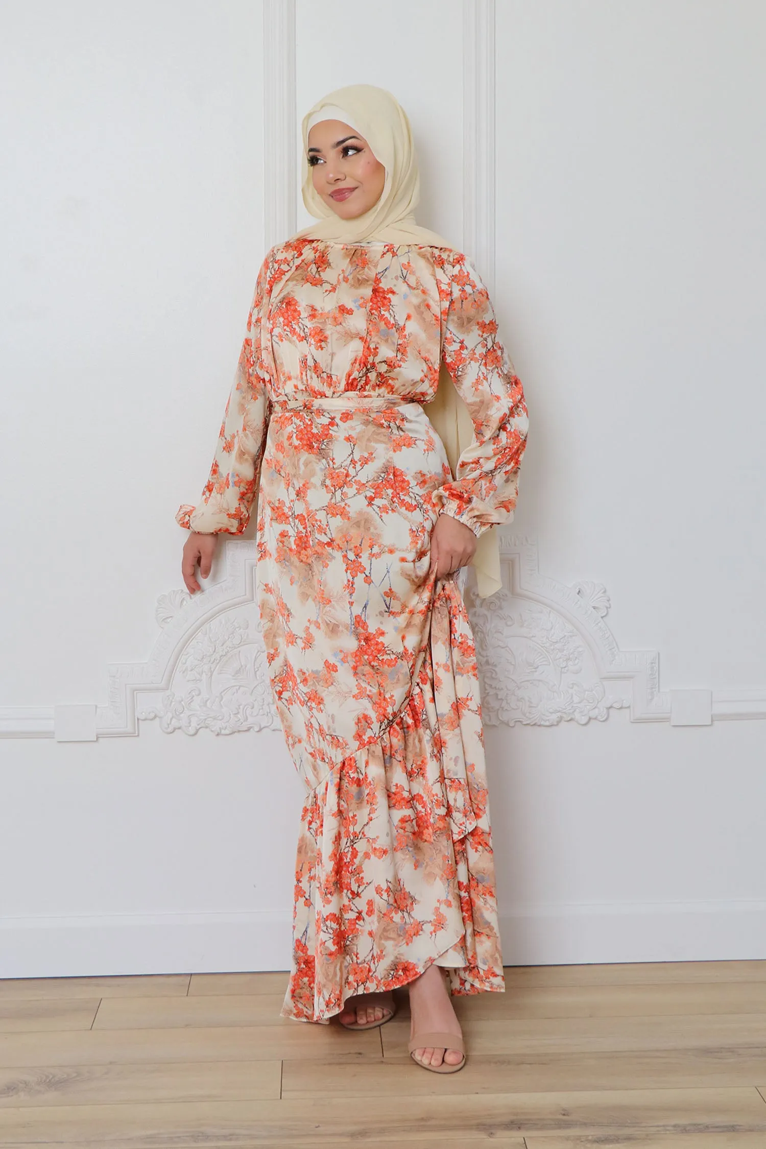 Thalia Satin Floral Chiffon Maxi Dress- Muted Peach