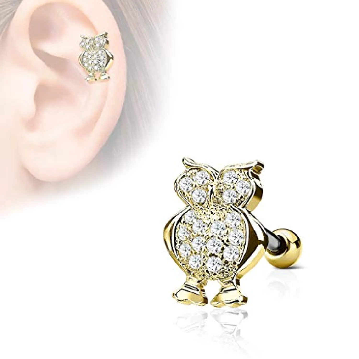 WildKlass CZ Paved Owl Top 316L Surgical Steel Ear Cartilage Barbell Studs