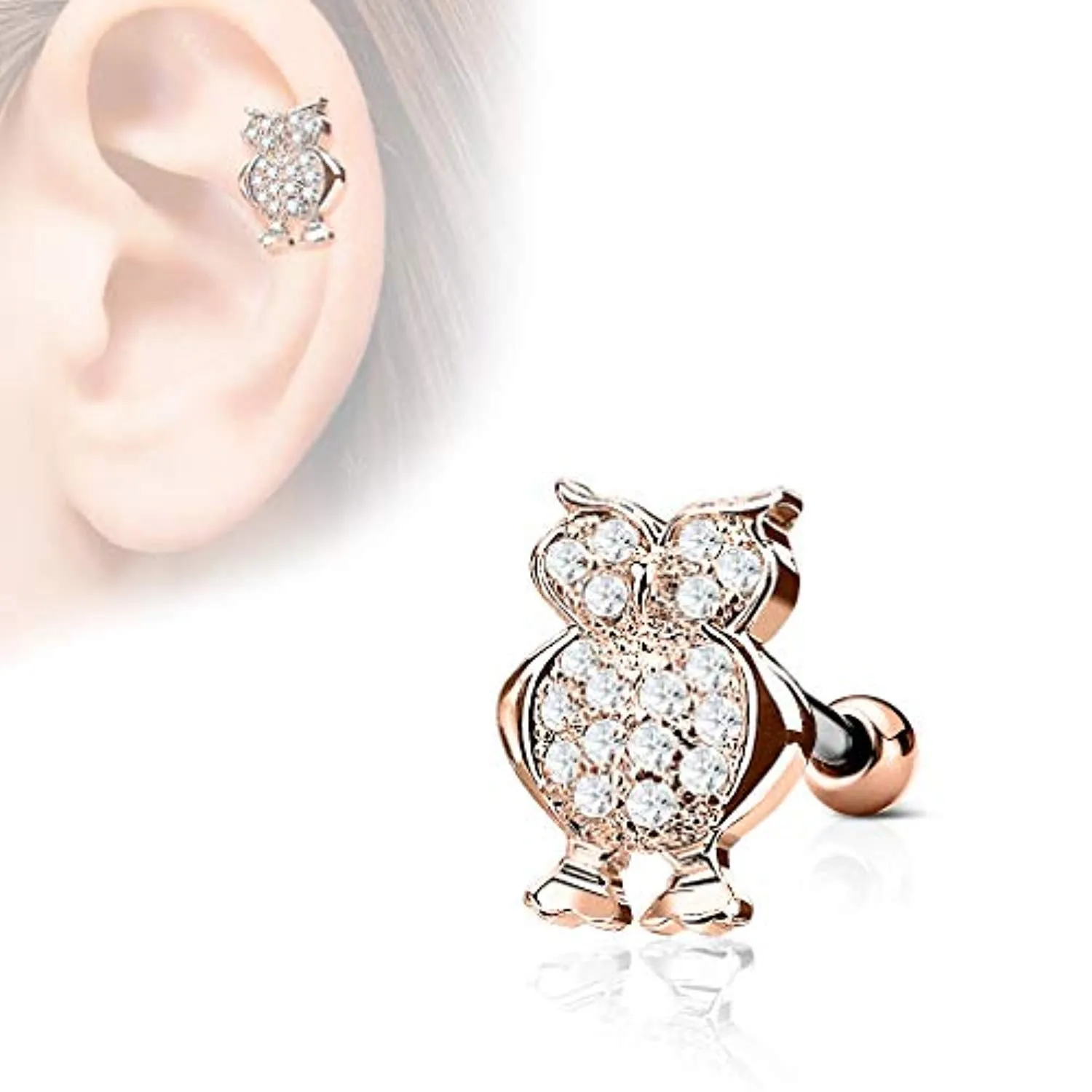 WildKlass CZ Paved Owl Top 316L Surgical Steel Ear Cartilage Barbell Studs