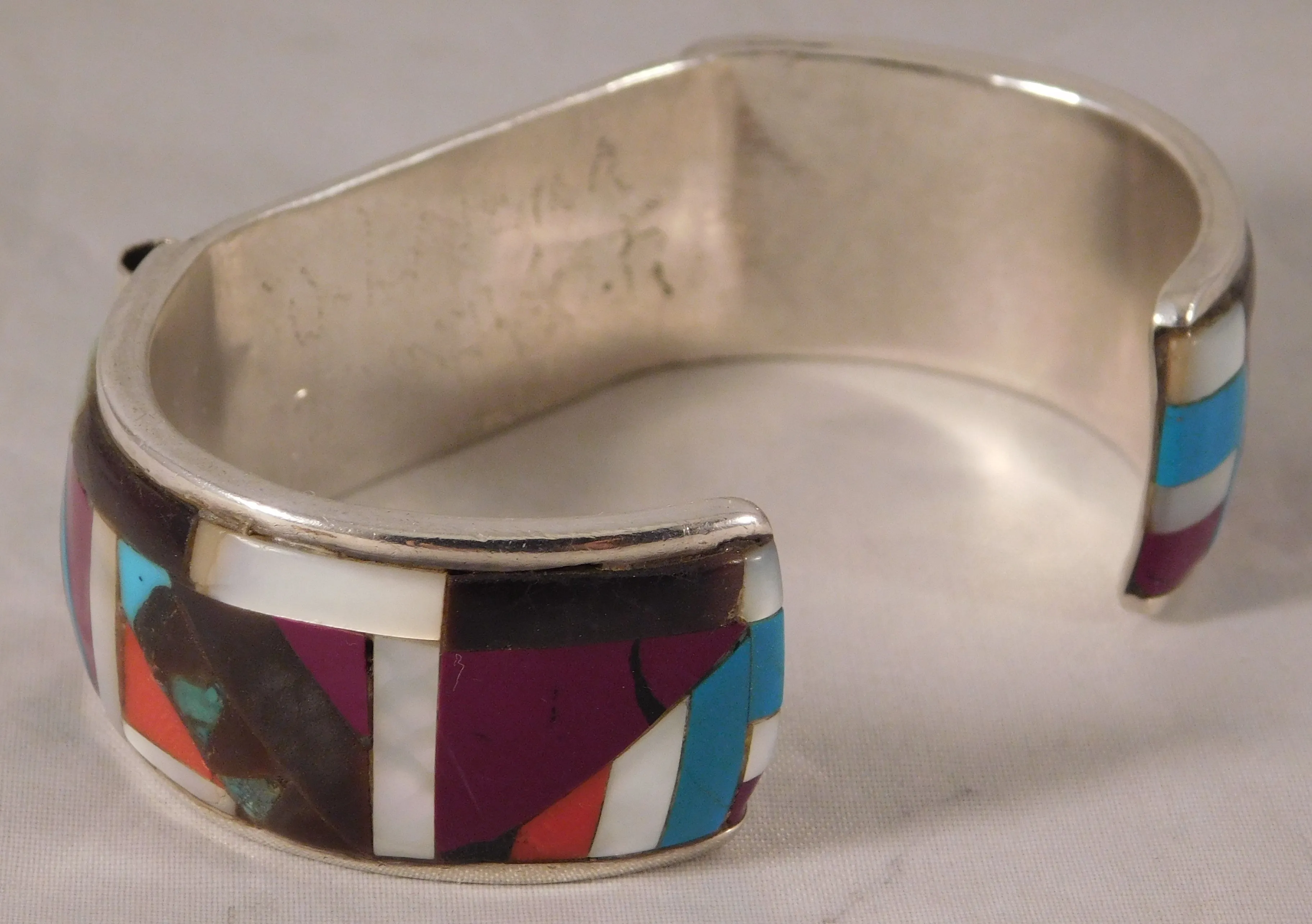 Zuni Inlay Turquoise Coral Jet and Mother of Pearl Cuff Bracelet Sterling Silver