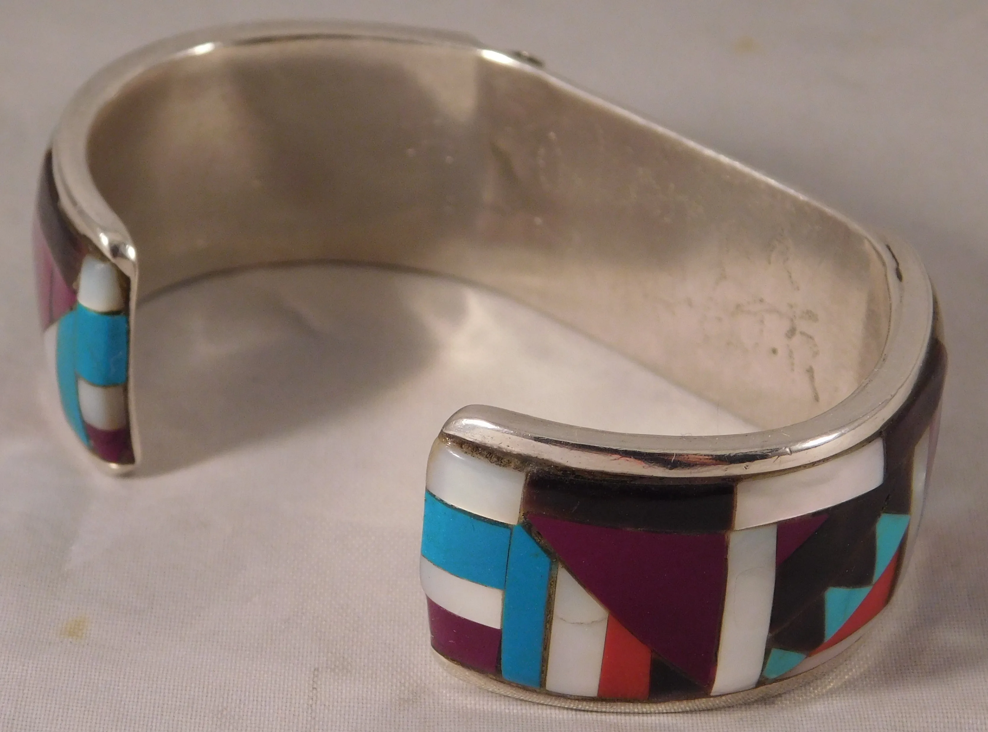 Zuni Inlay Turquoise Coral Jet and Mother of Pearl Cuff Bracelet Sterling Silver