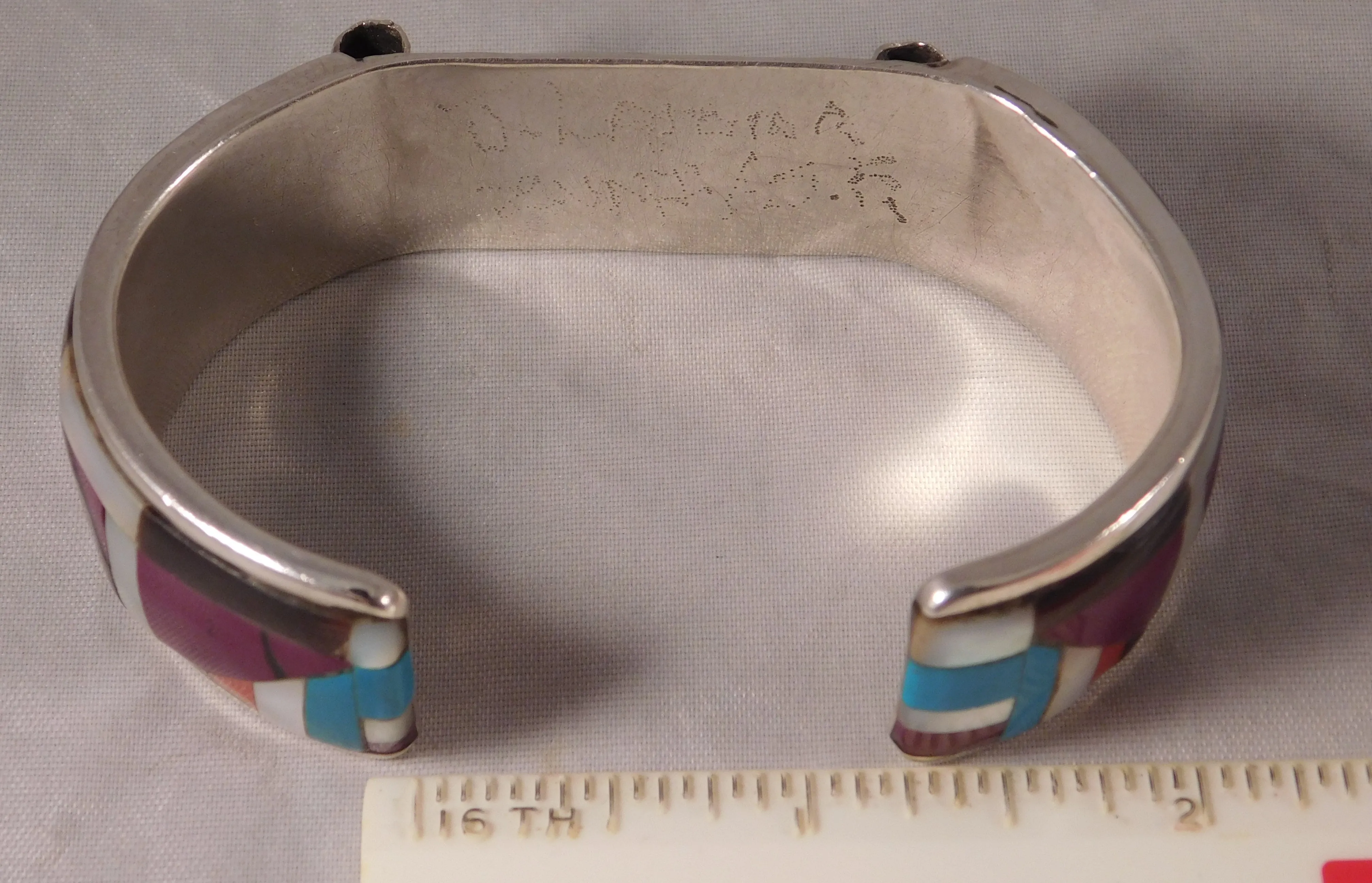 Zuni Inlay Turquoise Coral Jet and Mother of Pearl Cuff Bracelet Sterling Silver