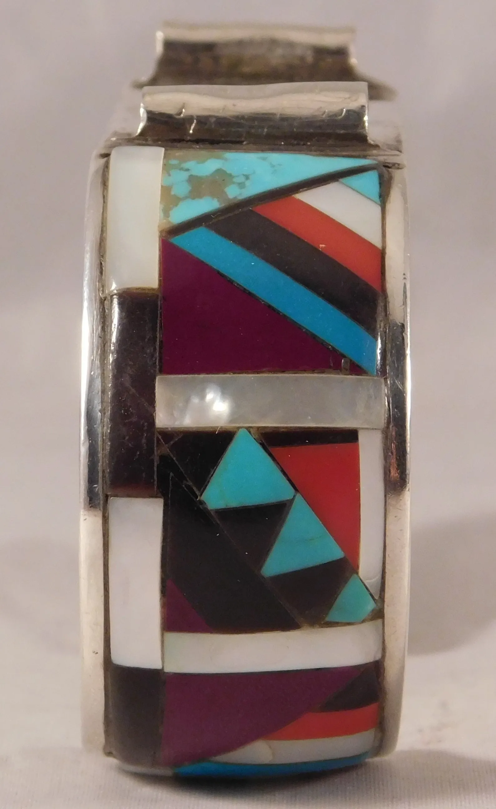 Zuni Inlay Turquoise Coral Jet and Mother of Pearl Cuff Bracelet Sterling Silver